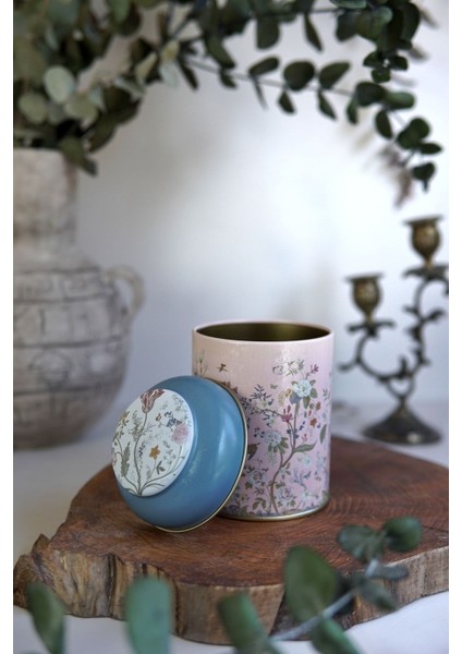 Flora Pink Desenli Yuvarlak Metal Saklama Kabı, 9 x 11 Cm, 0,6 Lt