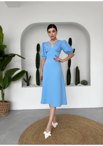 Karpuz Kol Düğmeli V Yaka Midi Elbise