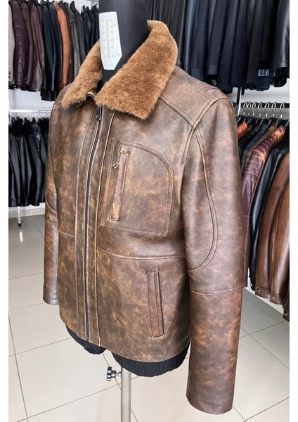 Perez Hakiki Deri Erkek Vintage Eskitme Kürklü Yaka Ceket-Mont modelleri