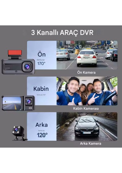 A98 Wi-Fi Full HD 3 Kameralı Araç İçi Güvenlik Kamerası 64GB – IR Gece Görüşü, Ön-Arka-İç Kayıt,DashCam