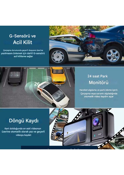 A98 Wi-Fi Full HD 3 Kameralı Araç İçi Güvenlik Kamerası 64GB – IR Gece Görüşü, Ön-Arka-İç Kayıt,DashCam