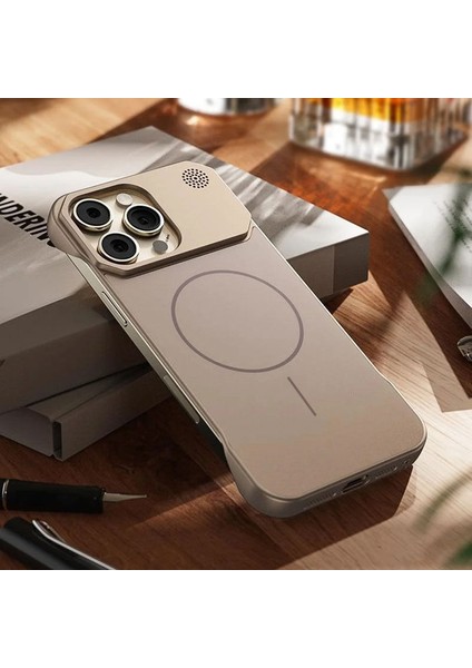 Apple iPhone 16 Pro Max Uyumlu Kılıf Zebana Elite Titan Metal Kılıf (Kablosuz Şarj Destekli) Desert Titanyum