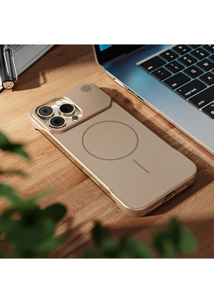 Apple iPhone 16 Pro Max Uyumlu Kılıf Zebana Elite Titan Metal Kılıf (Kablosuz Şarj Destekli) Desert Titanyum
