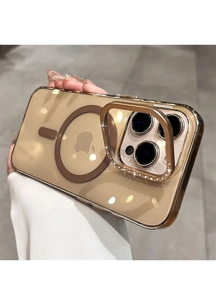 Apple iPhone 16 Pro Max Uyumlu Kılıf Zebana Glossy Şeffaf Kılıf (Kablosuz Şarj Destekli) Desert Titanyum
