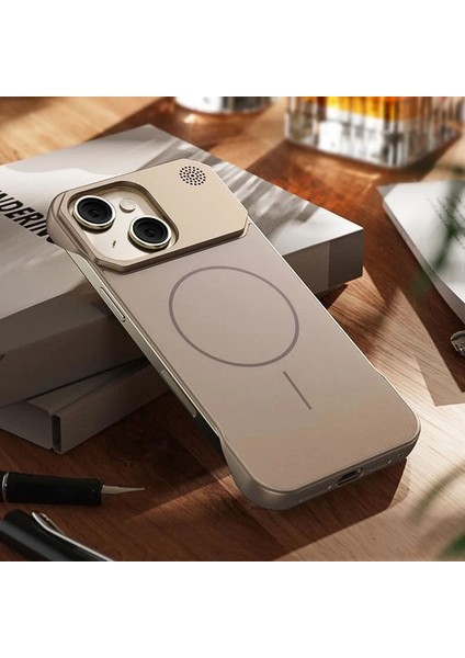 Apple iPhone 15 Uyumlu Kılıf Zebana Elite Titan Metal Kılıf (Kablosuz Şarj Destekli) Desert Titanyum