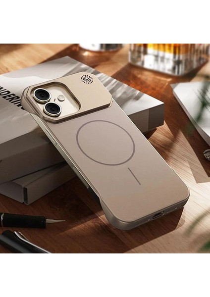 Apple iPhone 16 Plus Uyumlu Kılıf Zebana Elite Titan Metal Kılıf (Kablosuz Şarj Destekli) Desert Titanyum