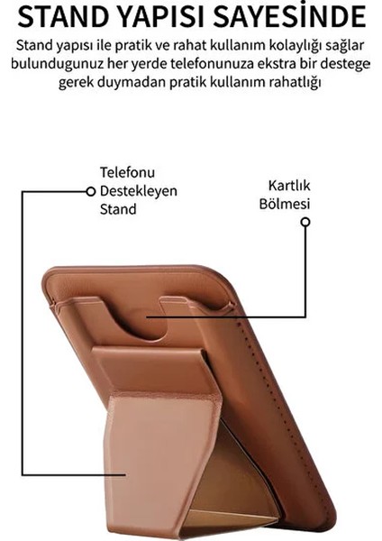 Uyumlu Kılıf Manyetik Standlı Magsafe Cüzdan Kartlık( Sadece Magsafe Özellikli Kılıflarla Kullanılabilir) Kahverengi fiyatları