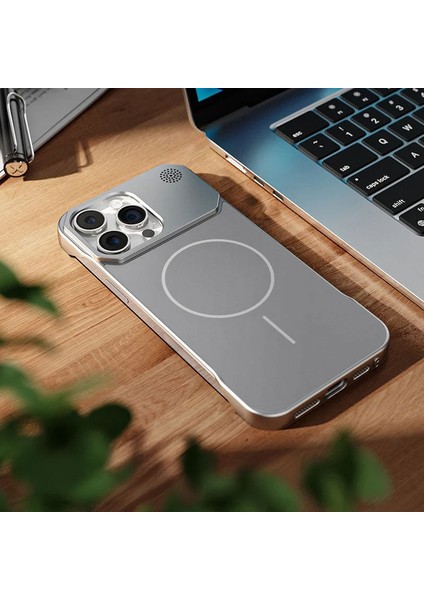 Apple iPhone 15 Pro Max Uyumlu Kılıf Zebana Elite Titan Metal Kılıf (Kablosuz Şarj Destekli) Gri modelleri