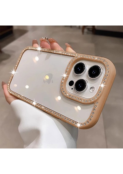 Apple iPhone 15 Pro Max Uyumlu Kılıf Zebana Bling Diamond Silikon Kılıf Desert Titanyum