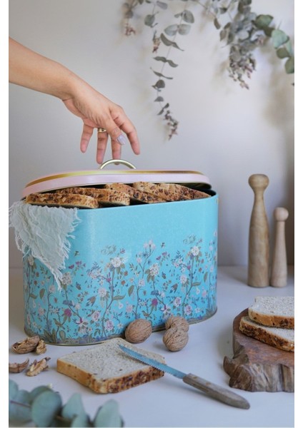 Flora Desenli Oval Ekmek Kutusu, Metal Ekmeklik, Ekmek Sepeti, 10,4 Lt