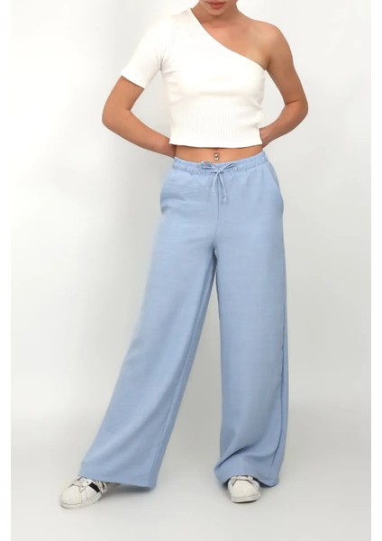 Kadın Mavi Renk Beli Lastikli Geniş Paça Keten Pantolon modelleri