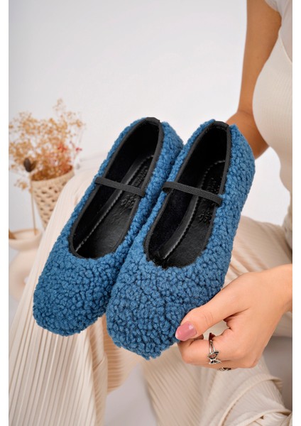 Yeni Sezon Tedy Kumaş Lastik Detaylı Düz Taban Kadın Babet Panduf Ev Ayakkabısı