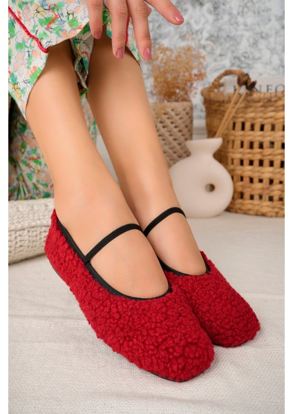Yeni Sezon Tedy Kumaş Lastik Detaylı Düz Taban Kadın Babet Panduf Ev Ayakkabısı