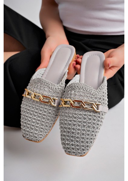 Kadın Taşlı Terlik Önü Kapalı Hasır Dantel Örme Çeyiz Günlük Sandalet