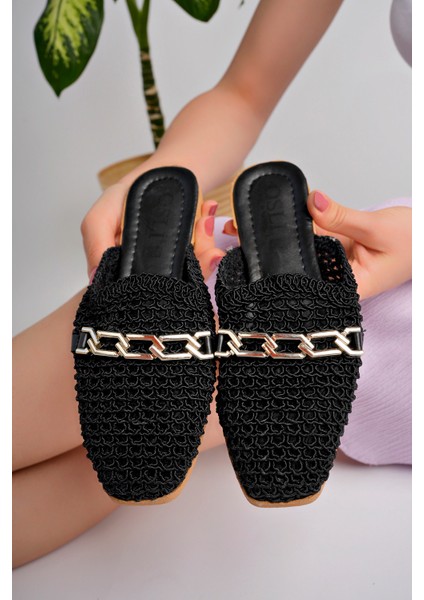 Kadın Taşlı Terlik Önü Kapalı Hasır Dantel Örme Çeyiz Günlük Sandalet