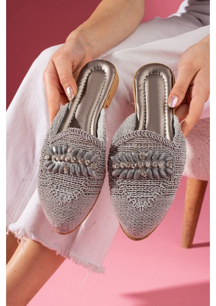 Kadın Taşlı Terlik Önü Kapalı Hasır Dantel Örme Çeyiz Günlük Sandalet