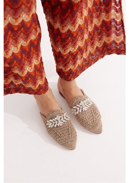 Kadın Taşlı Terlik Önü Kapalı Hasır Dantel Örme Çeyiz Günlük Sandalet
