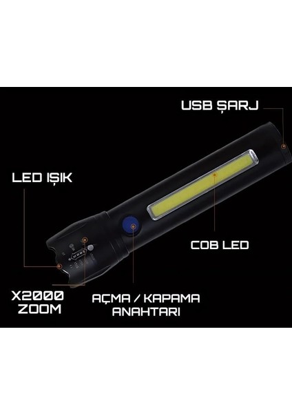 LED El Feneri Yüksek Parlaklık, Şarj Edilebilir ve Taşınabilir, 450 Lümen
