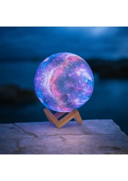 3D Galaksi Ay LED Dekoratif Ahşap Ayaklı Gece Lambası