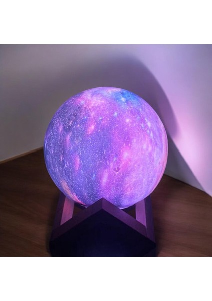 3D Galaksi Ay LED Dekoratif Ahşap Ayaklı Gece Lambası