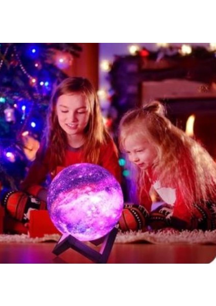 3D Galaksi Ay LED Dekoratif Ahşap Ayaklı Gece Lambası