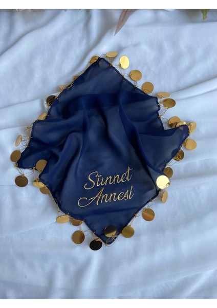 1ADET - Sünnet Annesi Yazılı Nakışlı Kına ve Düğün Halay Mendili - Şifon Kumaş - Gold