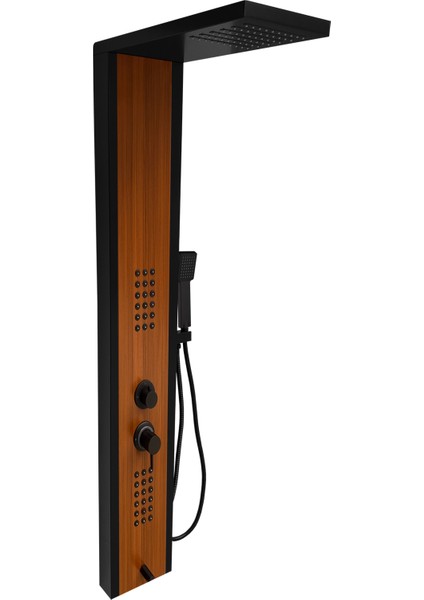 Çift Renk (Siyah-Teak Ağacı Desenli) Premium Masajlı Duş Paneli - Dikey Jakuzi - Robot Duş - El Duşu