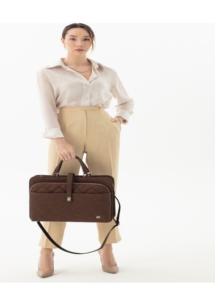 Kadın Evrak Laptop Çantası Kapitone Kahve