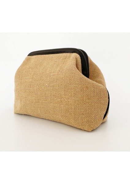 Kadın Siyah Biyeli Jüt Hasır Clutch El Çantası