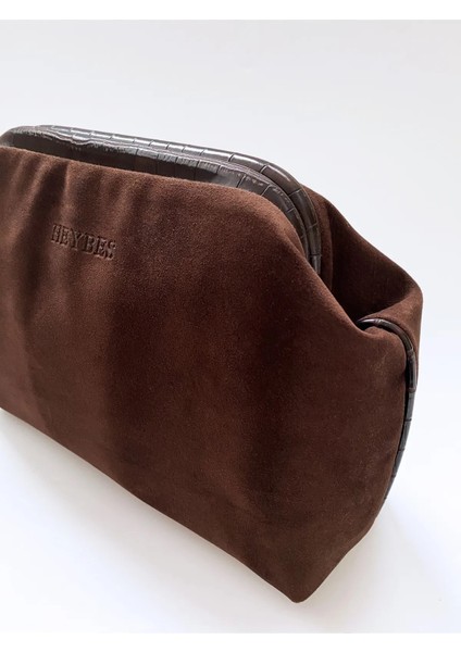 Kadın Koyu Kahve Süet Clutch El Çantası