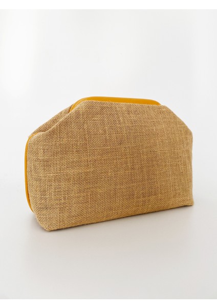 Kadın Sarı Biyeli Jüt Hasır Clutch El Çantası