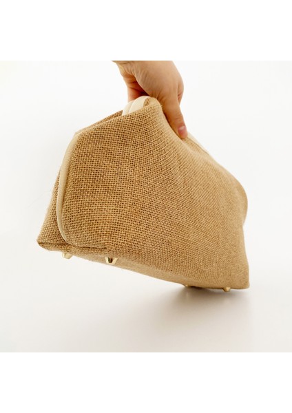 Kadın Krem Biyeli Jüt Hasır Clutch El Çantası