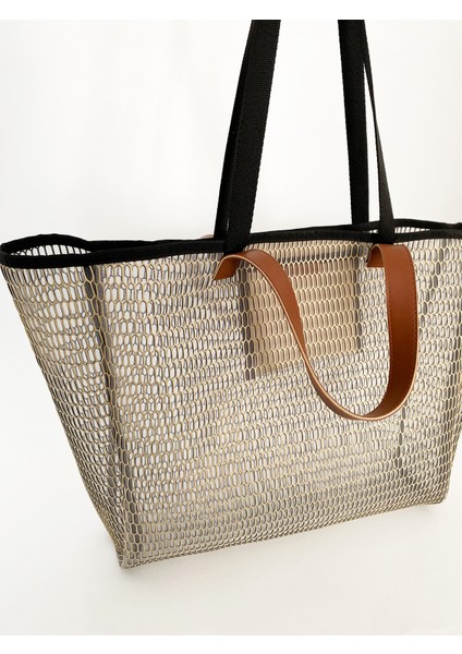 Kadın Bej Petek Desenli Şeffaf Büyük Boy Plaj ve Alışveriş Shopper Tote Omuz Çantası