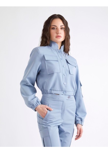 Ambra Mavi Crop Bomber Kadın Ceket