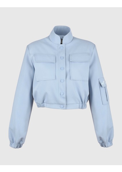 Ambra Mavi Crop Bomber Kadın Ceket