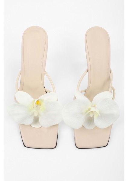 Kadın Orchid Bej Cilt Çiçek Tokalı Topuklu Terlik