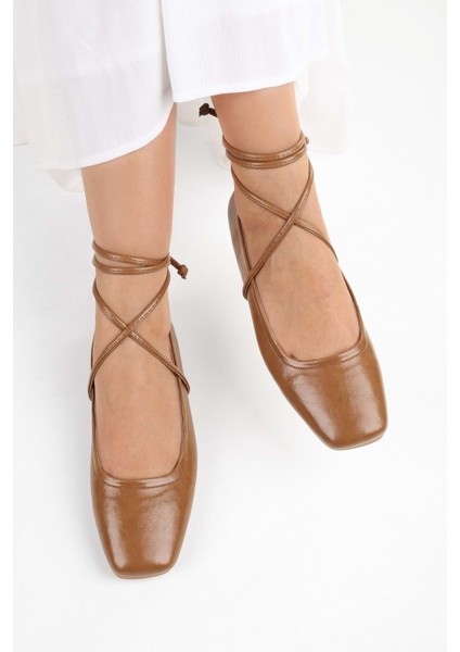 Kadın Ballerina Karamel Cilt Bağlamalı Babet