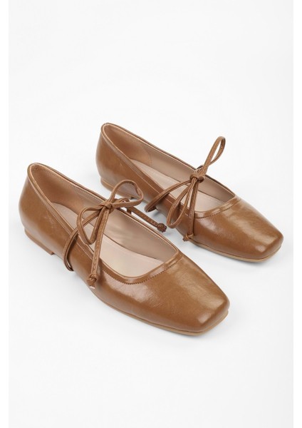 Kadın Ballerina Karamel Cilt Bağlamalı Babet