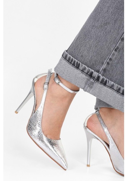 Kadın Mila Gümüş Yılan Desenli Kemerli Bilekten Bağlı Stiletto
