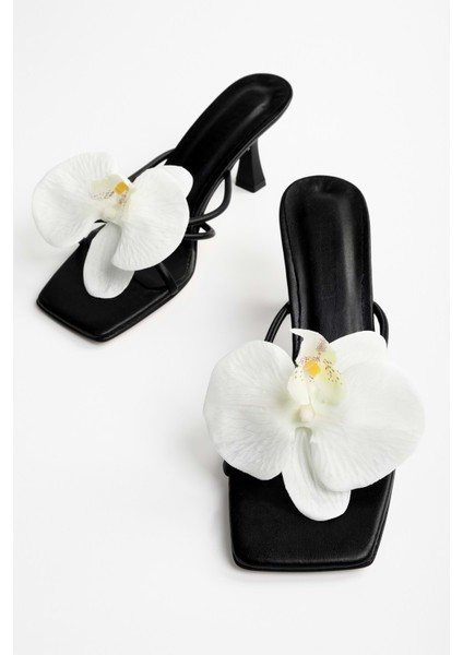Kadın Orchid Siyah Cilt Çiçek Tokalı Topuklu Terlik