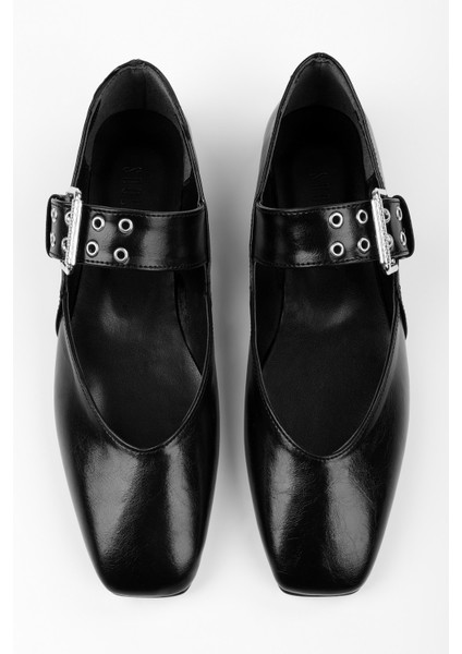 Kadın Vell Siyah Cilt Kemer Tokalı Babet modelleri