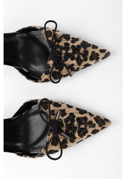 Kadın Zenya Leopar Tüylü Bağcıklı Fiyonk Detaylı Topuklu Stiletto modelleri