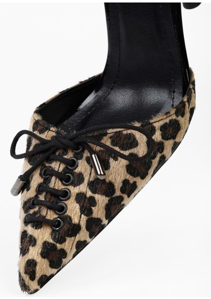 Kadın Zenya Leopar Tüylü Bağcıklı Fiyonk Detaylı Topuklu Stiletto indirimleri