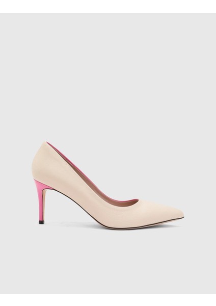 Yuliya Hakiki Deri Kadın Pembe Krem Topuklu Ayakkabı
