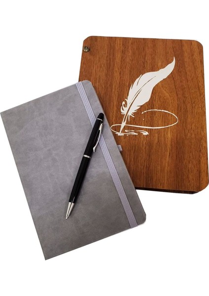 Hediyelik Metal Kalem ve Çizgili Deri Defter