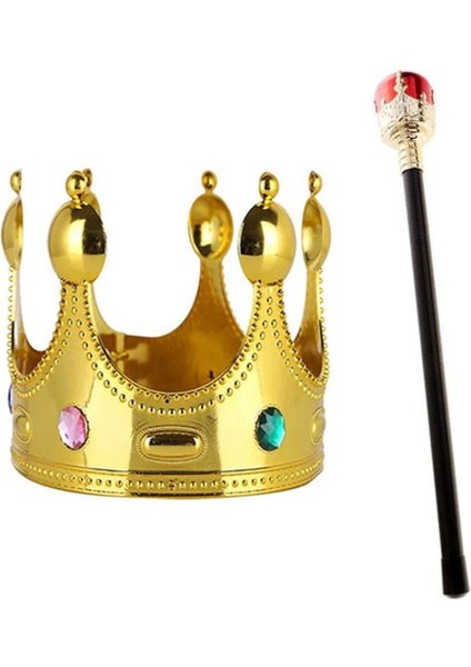 Çocuk Boy Altın Renk Kral Tacı ve Kırmızı Topuzlu Kral Asası