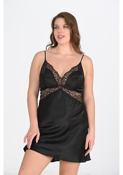 Aria's Closet Büyük Beden 2li Siyah Sabahlık Takımı Bigsize