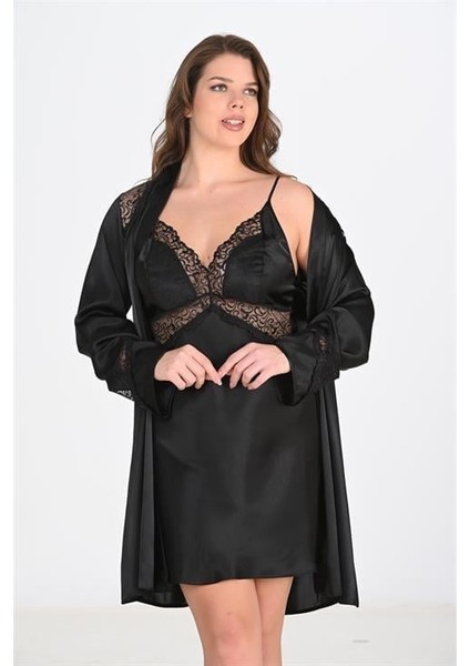 Aria's Closet Büyük Beden 2li Siyah Sabahlık Takımı Bigsize