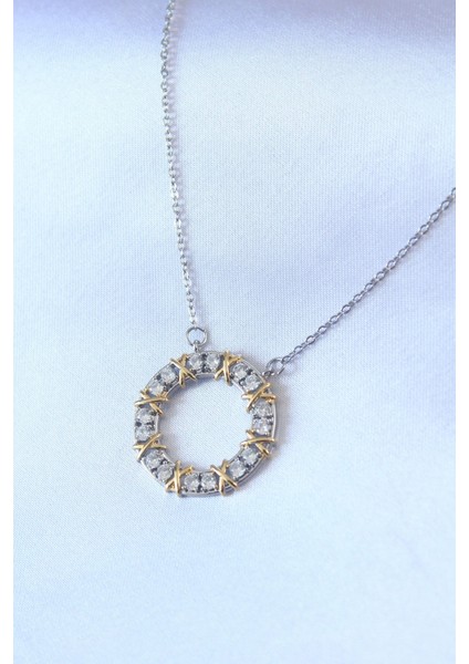 316L Çelik Gümüş Renk Zirkon Taşlı Gold Detay Xoxo Kadın Kolye - TJ-BKO7459