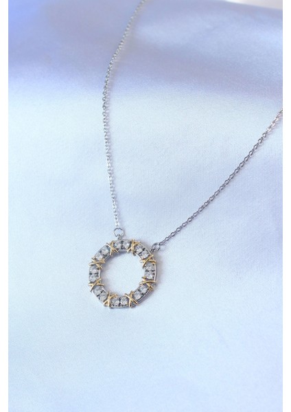 316L Çelik Gümüş Renk Zirkon Taşlı Gold Detay Xoxo Kadın Kolye - TJ-BKO7459 fiyatları